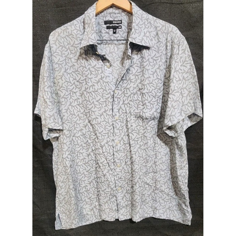 Men's Murano Gray Patterned 100% Silk Shirt‎ Short- Sleeved Sz XL All Over Print